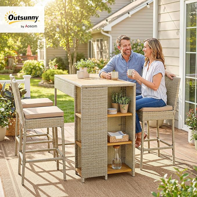 Outsunny 5 Piece Outdoor Bar Set, Wicker Outdoor High Top Table and Chairs