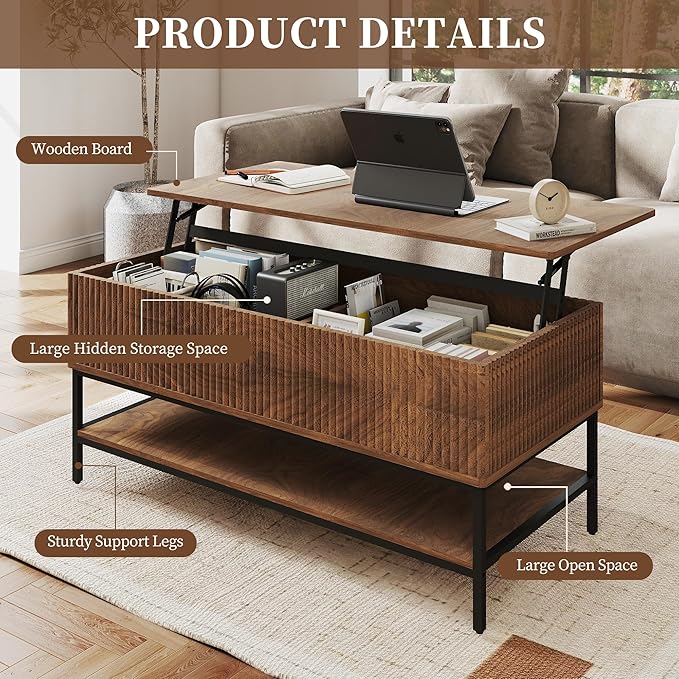 Walnut Coffee Table with Storage, Rectangle Lift Top Coffee Table, Modern Wood