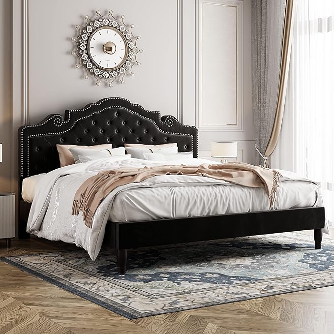Allewie King Bed Frame with Adjustable Velvet Tiara Headboard, Upholstered