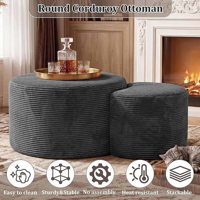 BSHOMGI Boneless Ottoman Nesting Coffee Table Set of 2, Corduroy Soft Foot Rest