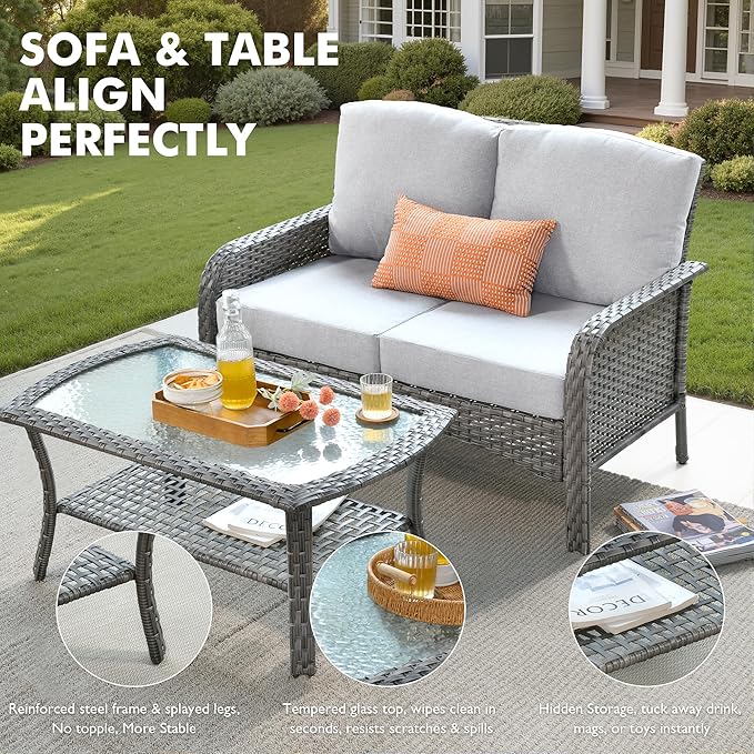 Weaxty Wicker Patio Furniture Set High Back Loveseat Sofa Couch Armchair Coffee