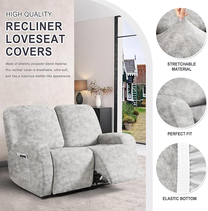 ANARACHON Leather Look Loveseat Recliner Cover, 6-Pieces Stretch Dual Recliner