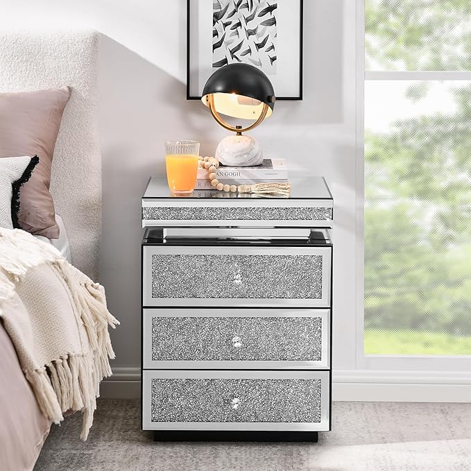 Mirrored Nightstand with 3 Drawers, Mirror End Table, Modern Bedside Table