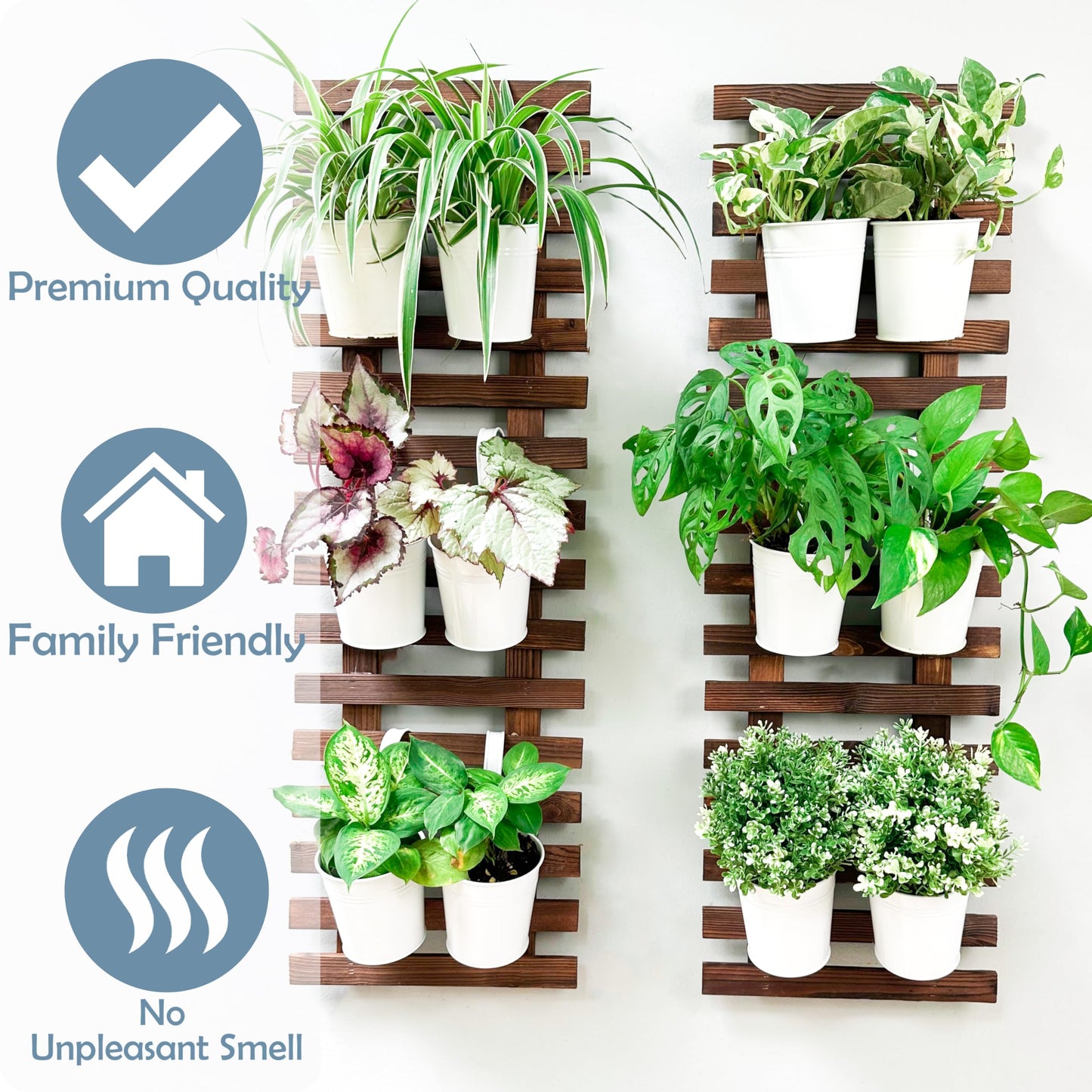 ShopLaLa Bundle- 2 Pack, 23.6 Inch Wooden Plant Holder + 10 Pack, 4 Inch White Self Watering Plastic Pot Modern Hydroponic Vertical Live Garden Display Wall Mount Plant Stand Home Living Room Decor