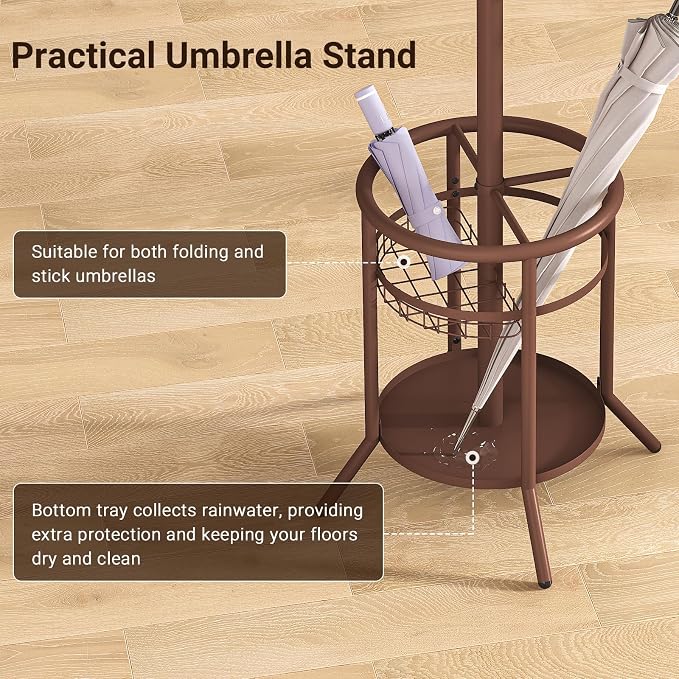 ELYKEN Coat Rack Freestanding, Metal Coat Rack Stand with Umbrella Holder, Modern Coat Tree with 12 Hooks, Floor Standing Corner Hall Tree for Entryway Living Room Bedroom Office, Brown
