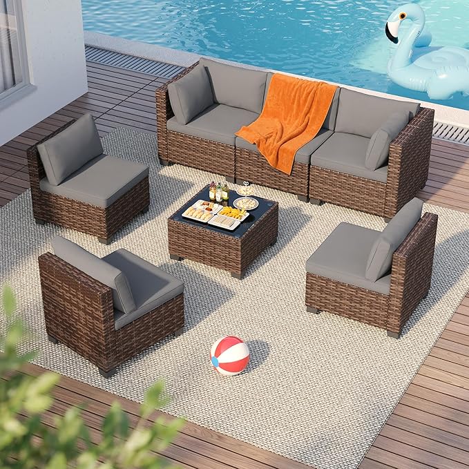 Qsun 7 Pieces Patio Furniture Set, Outdoor Sectional Rattan Sofa Set, Wicker