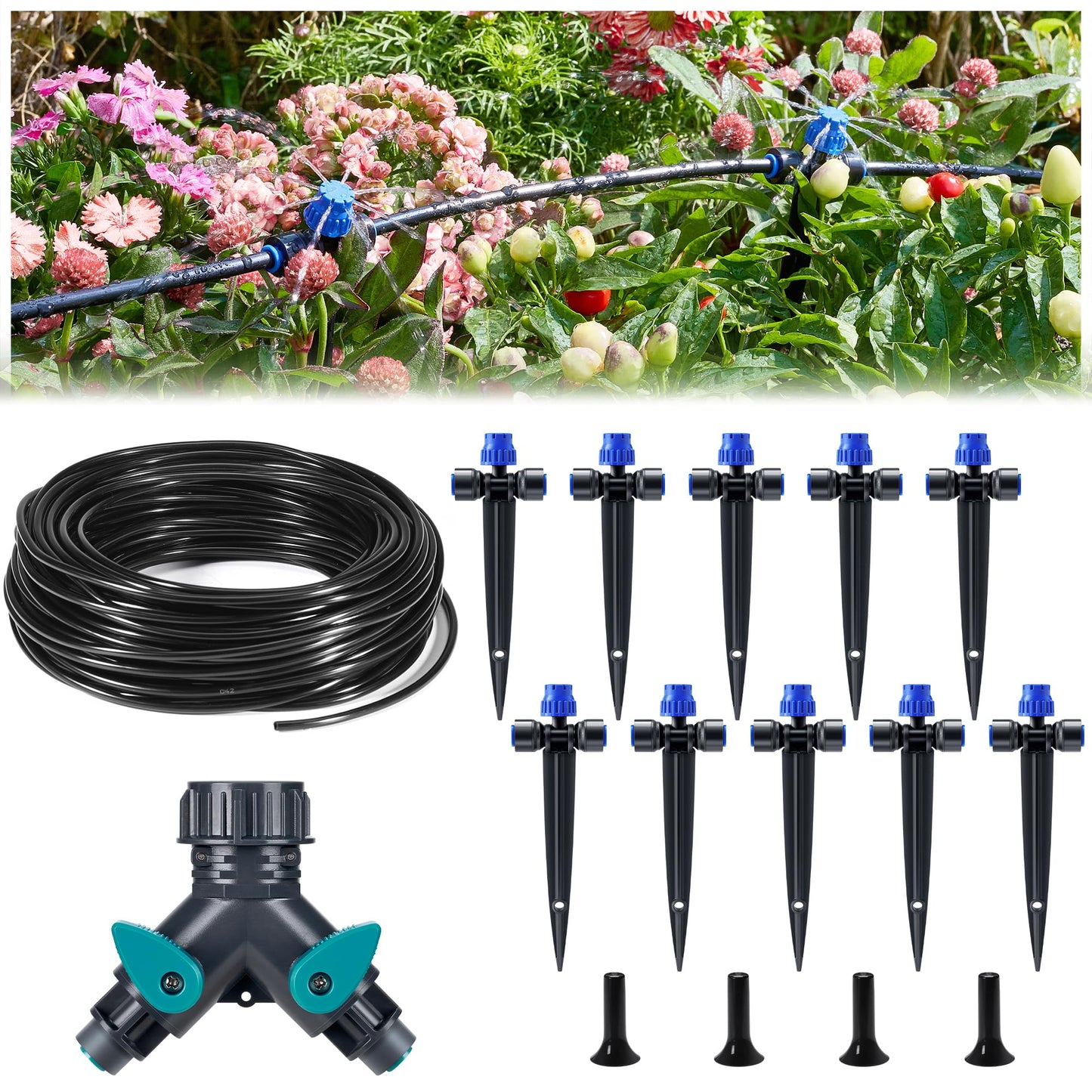 HIRALIY 40ft Push-to-Connect Drip Irrigation Kit, Adjustable Plant Watering System, for Garden Raised Bed Saving Water Automatic Irrigation Equipment with Drip Emitters, Tubing, Connectors