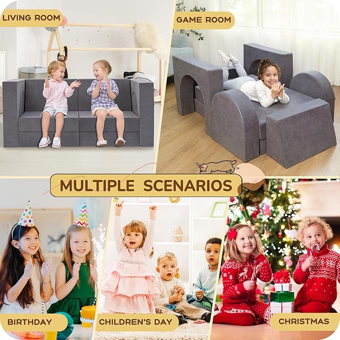 Fvkind 10 Pcs Modular Kids Play Couch, Convertible Sectional Toddler Sofa