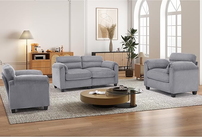 HAOMARKETS Corduroy Sofa Set, Upholstered Armchair Set of 2 and Loveseat