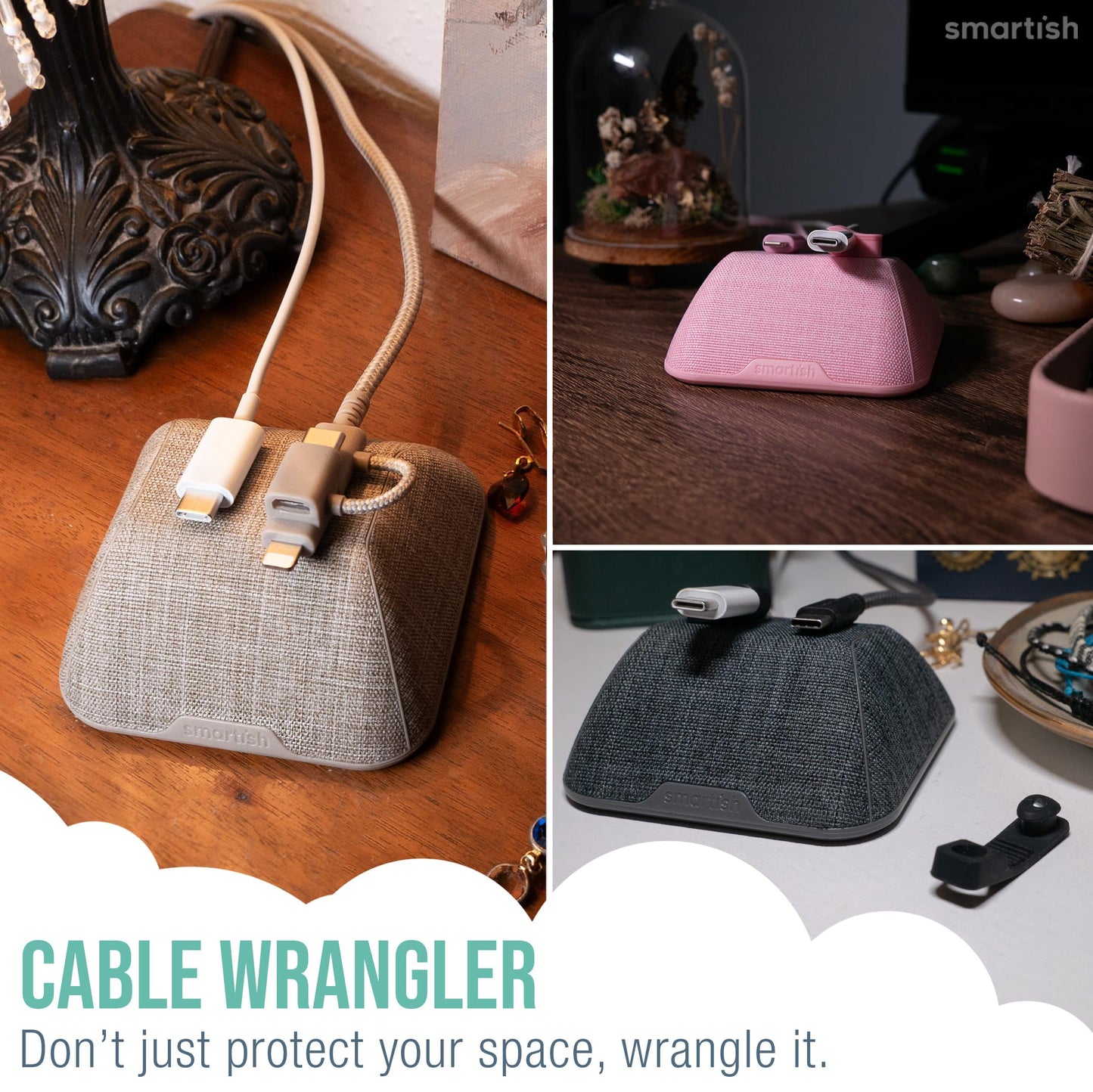 Smartish® Magnetic Cord Holder - Cable Wrangler Organizer with Magnet Clips for Charger Management on Desktop, Nightstand, or Side Table for All Cables, USB-C, Lightning Cables - Lightly Toasted Beige