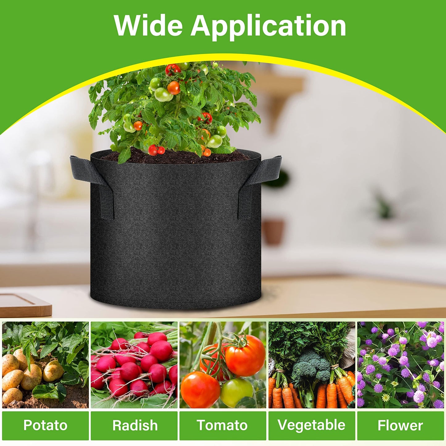 HealSmart 6-Pack 5 Gallon Grow Bags, Nonwoven Aeration Fabric Pots with Handles, Cloth Plant Pots, Suitable for Garden Fruits, Vegetables, Tomato and Flowers, Black