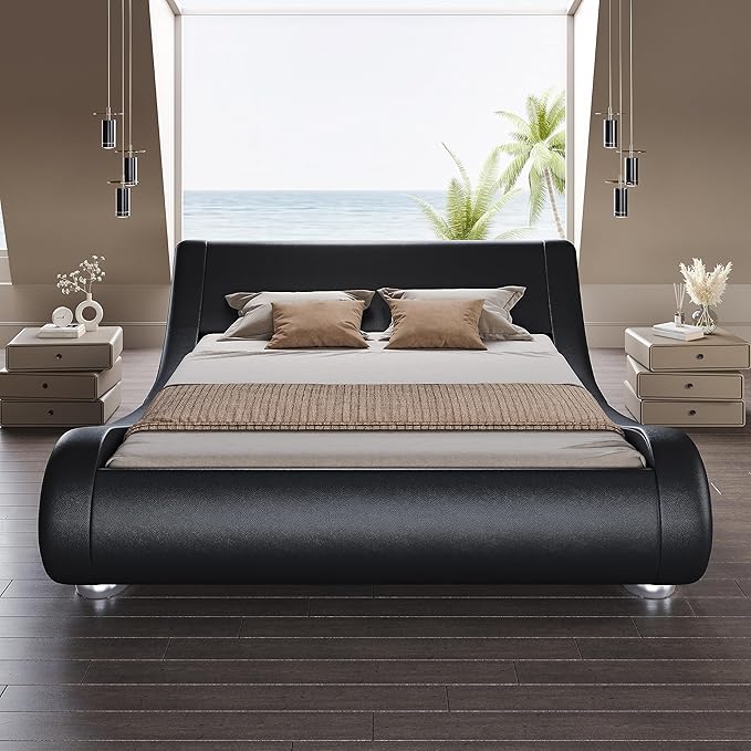 SHA CERLIN Queen Size Upholstered Bed Frame, Deluxe Low Profile Sleigh Bed