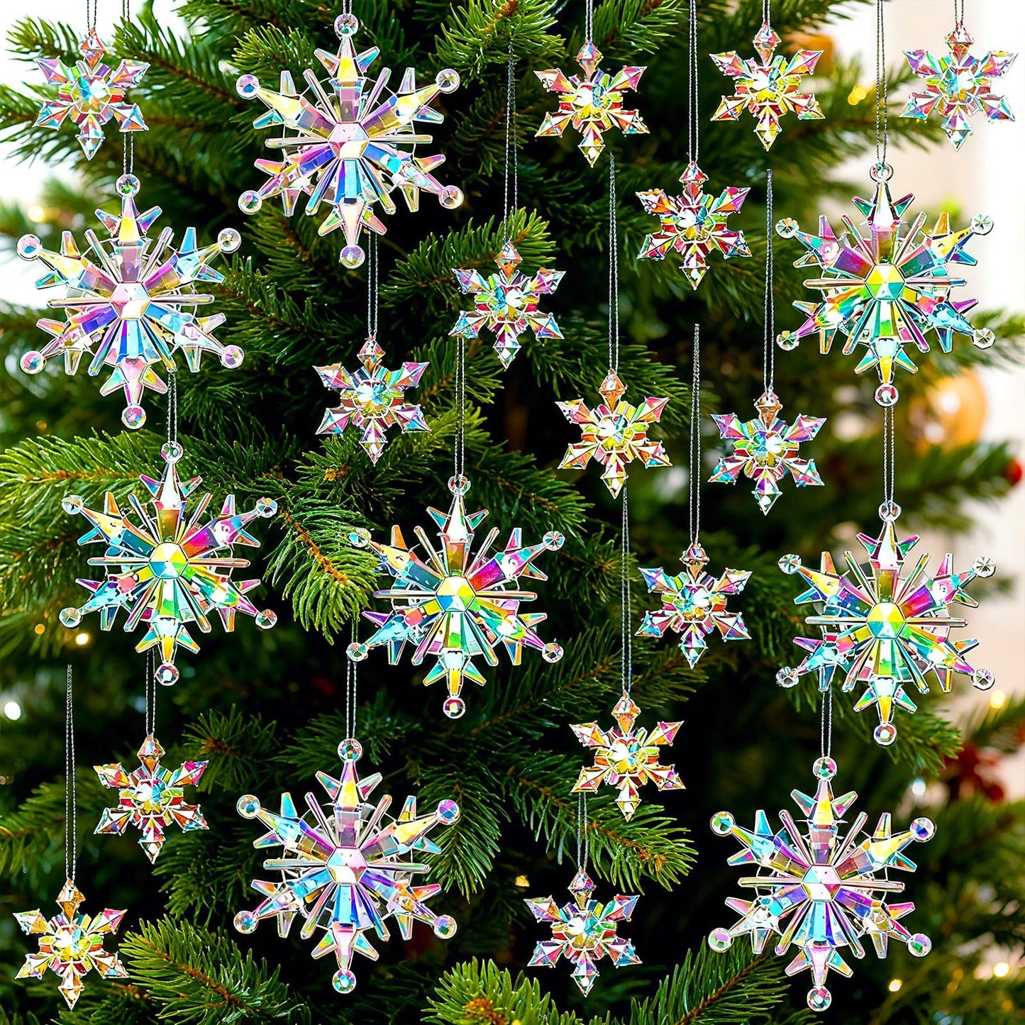 BOARDFEB 60Pcs Christmas Acrylic Snowflake Ornaments Winter 3D Translucent Snowflake Hanging Ornaments for Tree Crystal Iridescent Pendants with Rope for Holiday Party DIY Decor (Laser)