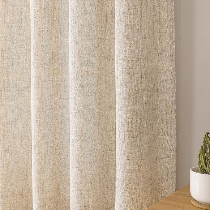 Tollpiz Short Linen Curtain Bedroom Rod Pocket Semi Sheer Curtains Burlap Light Filtering Thick Linen Drape for Living Room, 38 x 54 inches Long, Natural, Set of 2 Panels