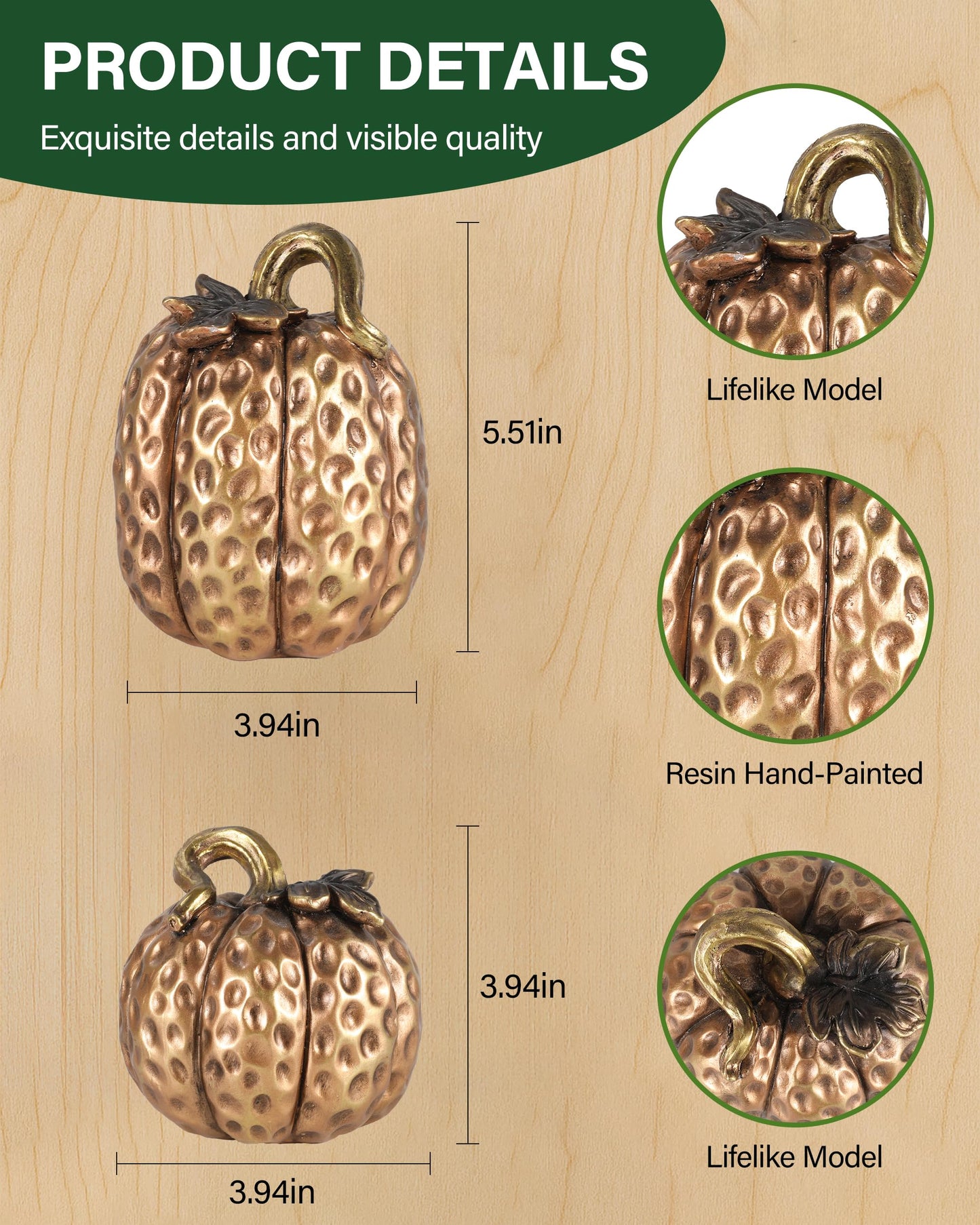 GoGnome Gold Resin Pumpkin Figurines Set of 2 – Textured Fall Harvest Decorations for Table Centerpiece Thanksgiving Décor, Autumn Home Accents (Gold)