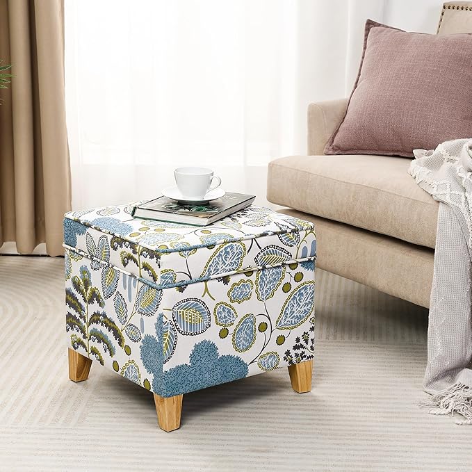 Adeco 18 Inch Linen Storage Ottoman Cube, Upholstered Footstool