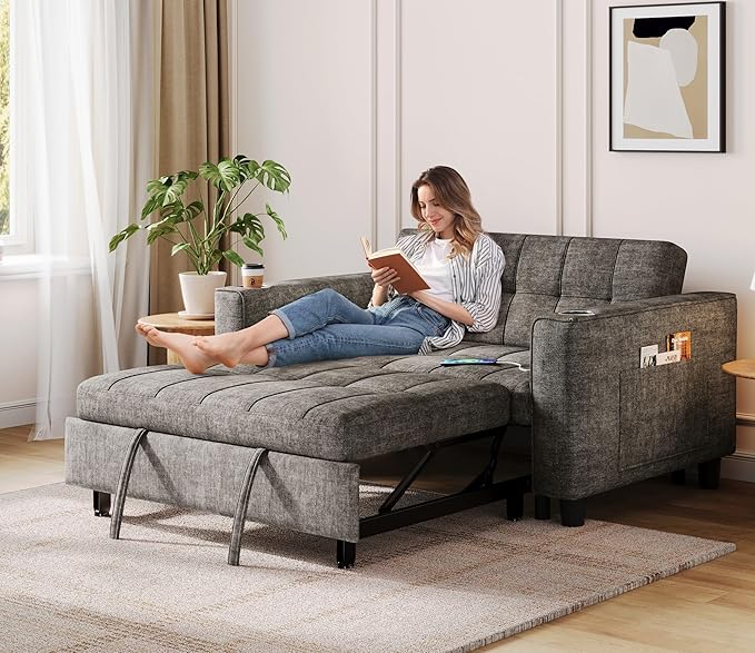 LINSY 54" Pull Out Couch with Charging Station, Small Sleeper Sofa Bed with Cup