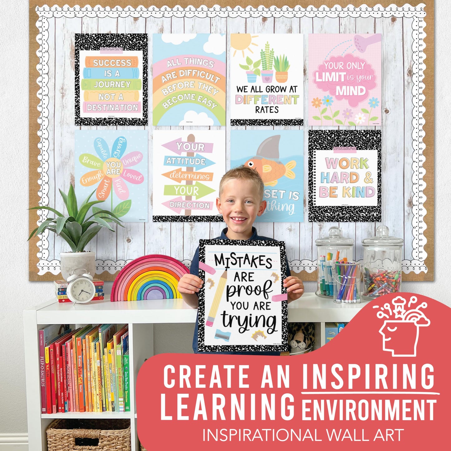 Hadley Designs Motivational Poster for Classroom Decor - 9 Growth Mindset Classroom Posters Elementary, Inspirational Wall Decor Middle School, Teacher Must Haves, Pastel Bulletin Board Decorations