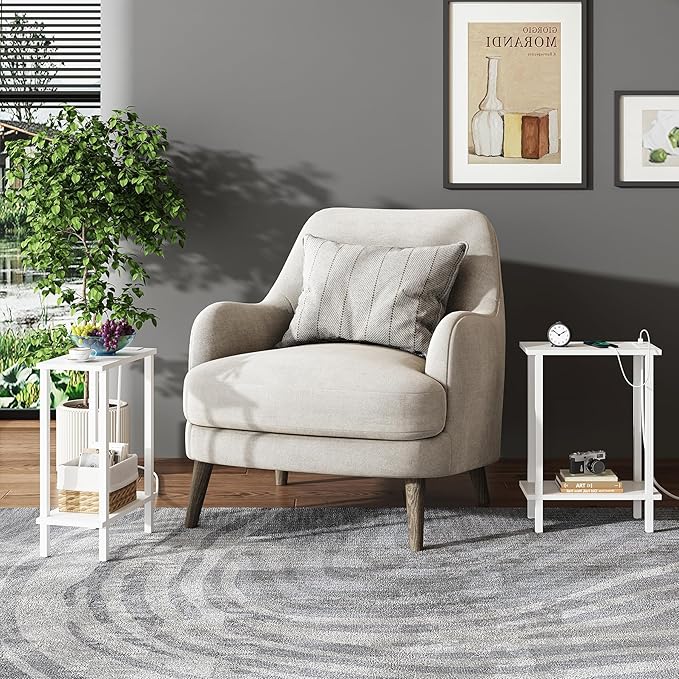 TUTOTAK Small End Table with Charging Station, Narrow Side Table with USB Ports