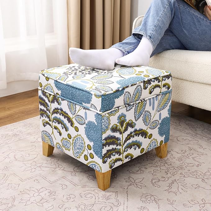 Adeco 18 Inch Linen Storage Ottoman Cube, Upholstered Footstool