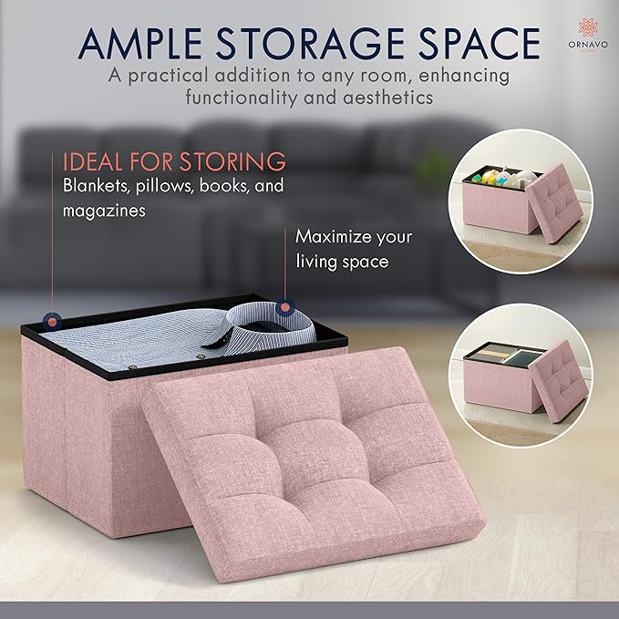 Ornavo Home Small Storage Ottoman, Foldable Collapsible Rectangle Linen Ottoman