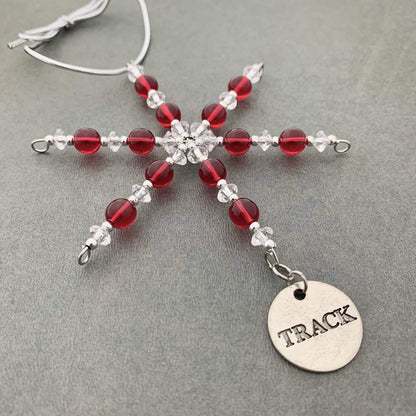 Track Round Ornament - Beaded Snowflake Christmas Ornament with Red Beads