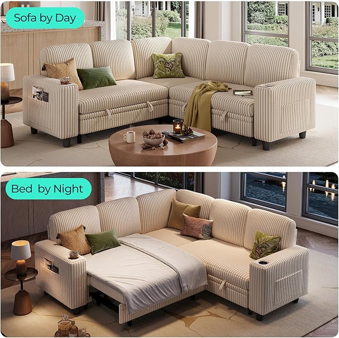 LINSY HOME Sectional Sofa with Pull Out Bed, 5 Seats Corduroy Reversible