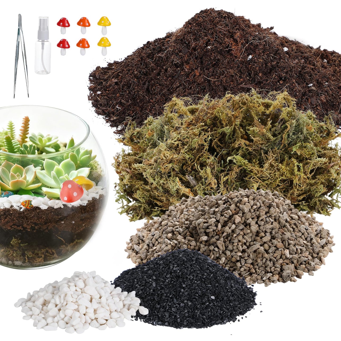 Terrarium Kit Adults - Includes Pumice, Moss, Soil, Pebbles, Charcoal, 2 Tools, Mushroom Ornaments for Succulent Cactus, Terrarium Accessories Decor Gifts for Starter Women