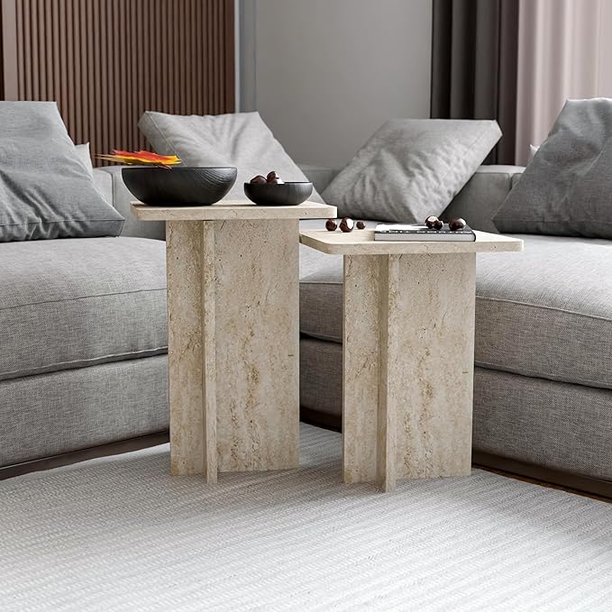 Travertine Efect Square Nesting Table Set of 2 Modern Coffee Table Small Side