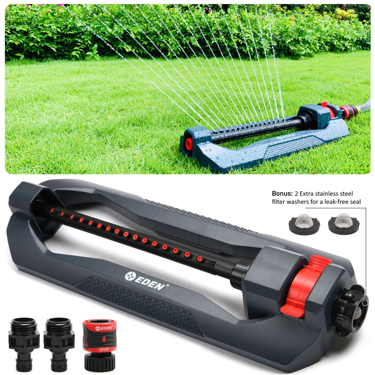 Eden 96213 Essential Turbo Oscillating Water Sprinkler, Covers Up to 3,600 sq. ft., 16 Nozzles, Weighted Base, Adjustable Range, Quick Connect Bundle, Dark Grey, Red, Silver
