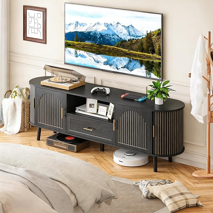 70" Fluted TV Stand for Tvs up to 80", Mid-Century Modern Entertainment Center