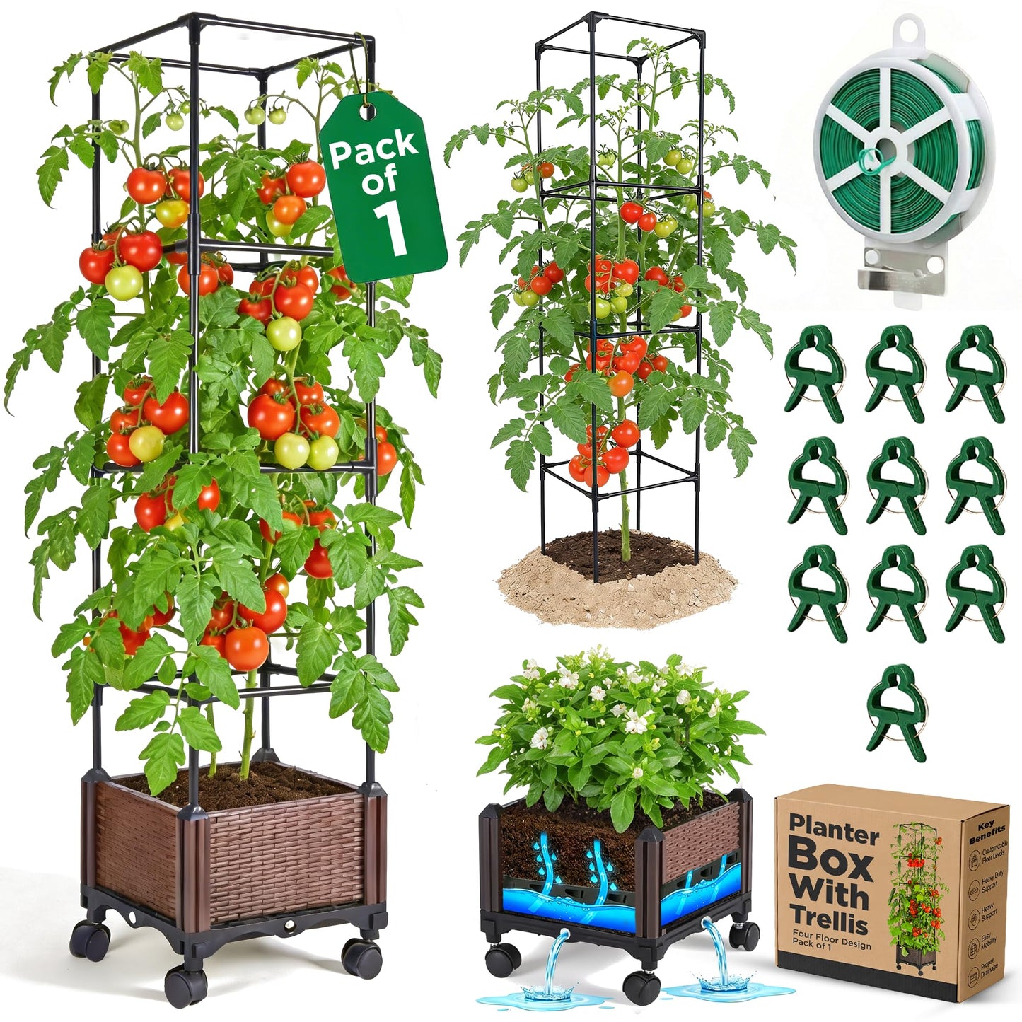 1 Pack Self Watering Tomato Planter with Trellis 64 Inch, Raised Garden Bed with Trellis - Planter Box for Climbing Plants, Tomato Pot for Vegetables, Vine Flowers, Indoor, Outdoor, Patio