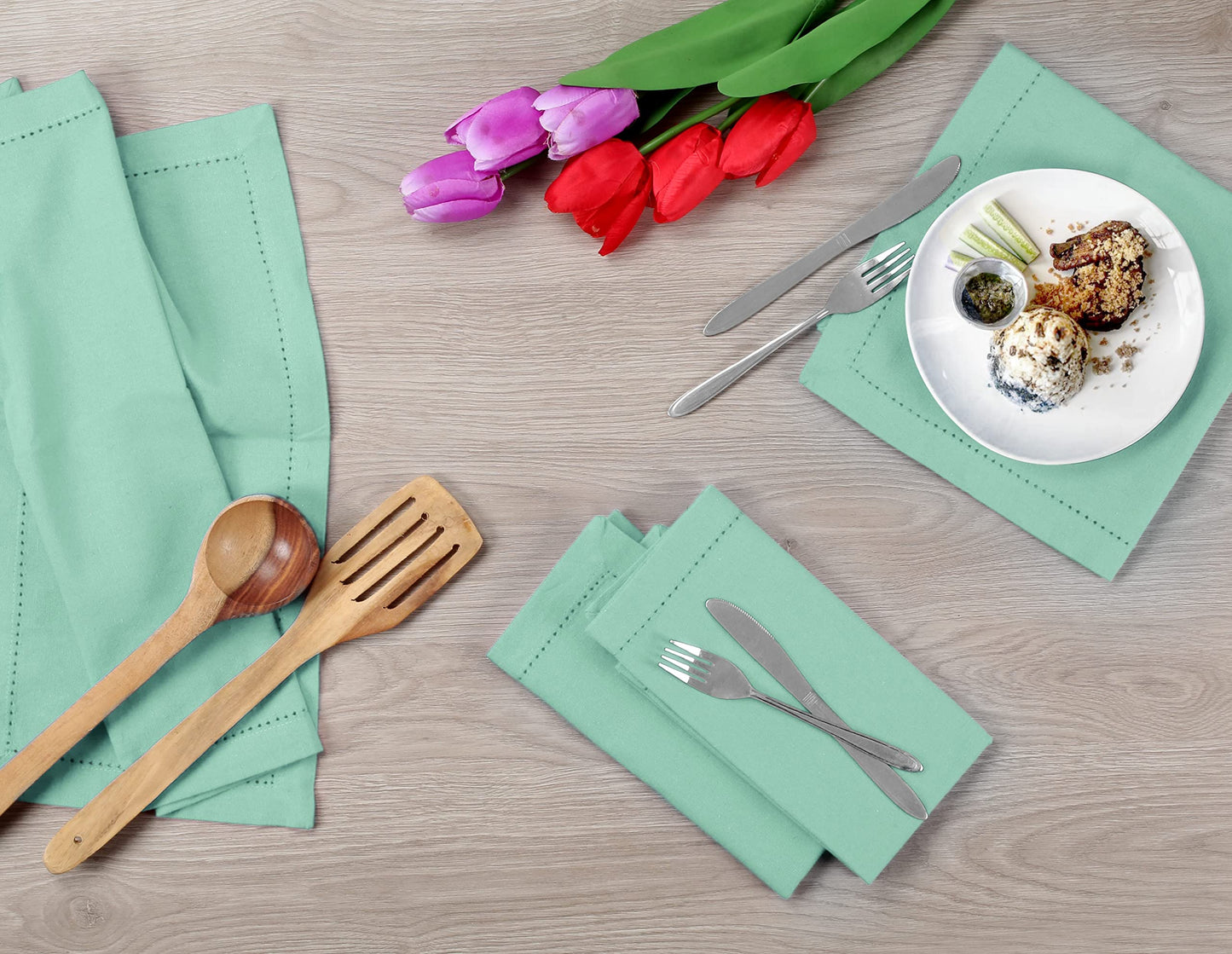 Cotton Cloth Dinner Napkins Set of 12 - Hemstitched 18x18 Inch Decorative Soft Durable Washable Reusable Perfect for Dining Table Décor Farmhouse Easter Christmas Party Wedding & Everyday Use - Aqua