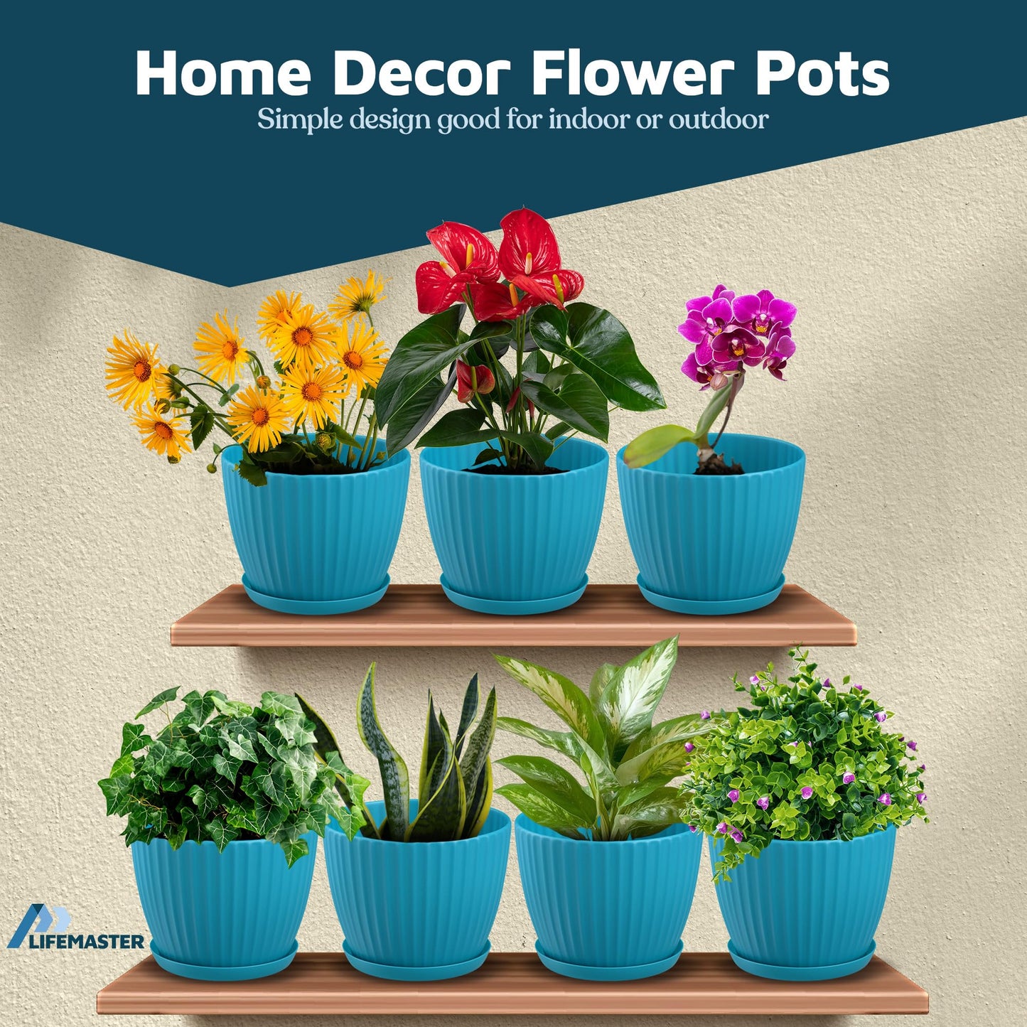 Blue 6-Inch Plant Pots with Drainage & Saucers 12 Pack, Indoor & Outdoor Planters for Houseplants, Herbs, and Flowers, Durable & Weatherproof Material, Stackable, Lightweight, Minimalist Design