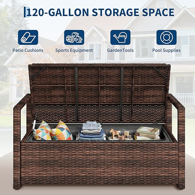 GarveeLife Wicker Storage Bench, Outdoor Rattan Stool