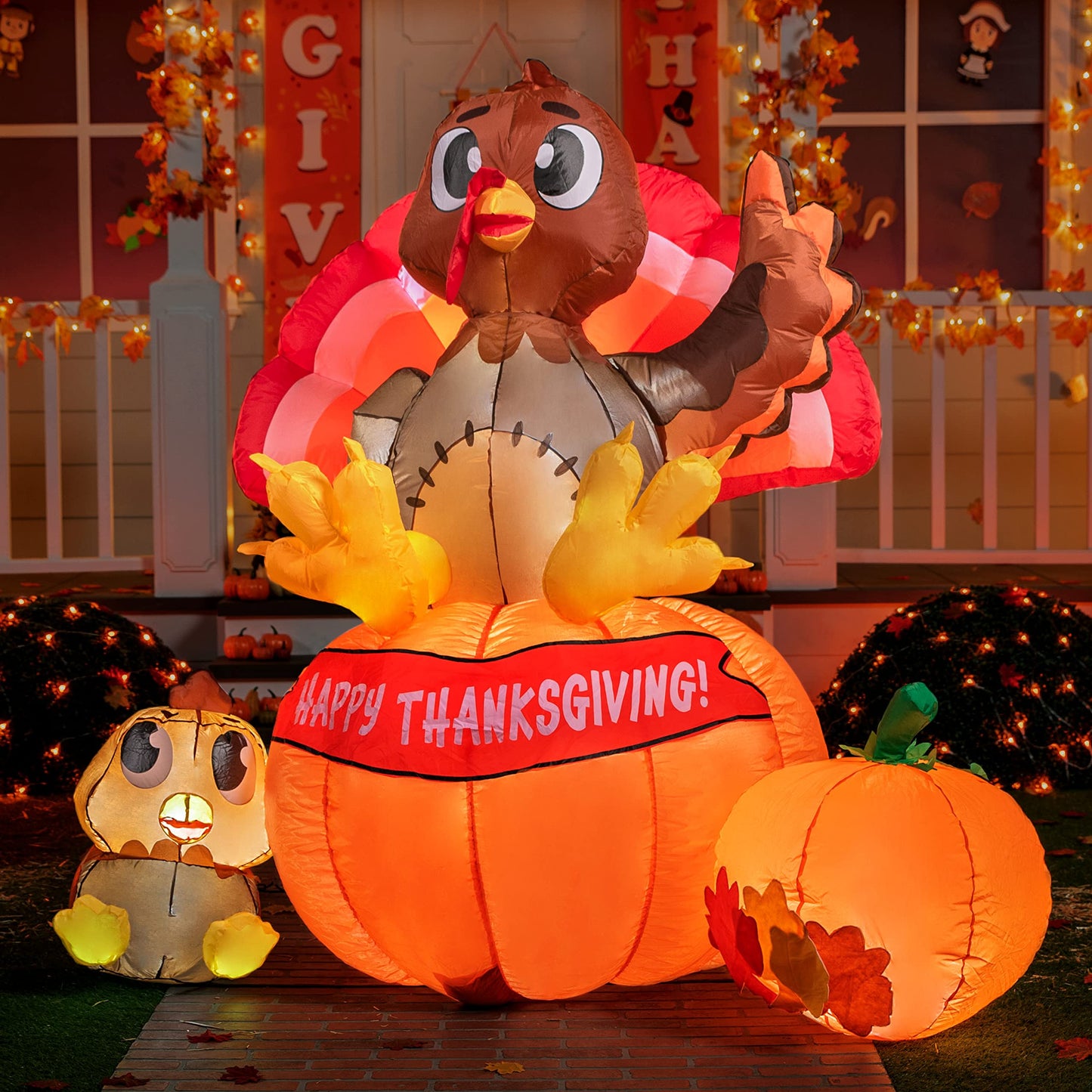 Joiedomi 6 ft Thanksgiving Inflatable Turkey on Pumpkin Decoration, LED Light Up Blow Up Turkey for Autumn Thanksgiving Family Party Décor, Halloween Inflatable for Yard Garden