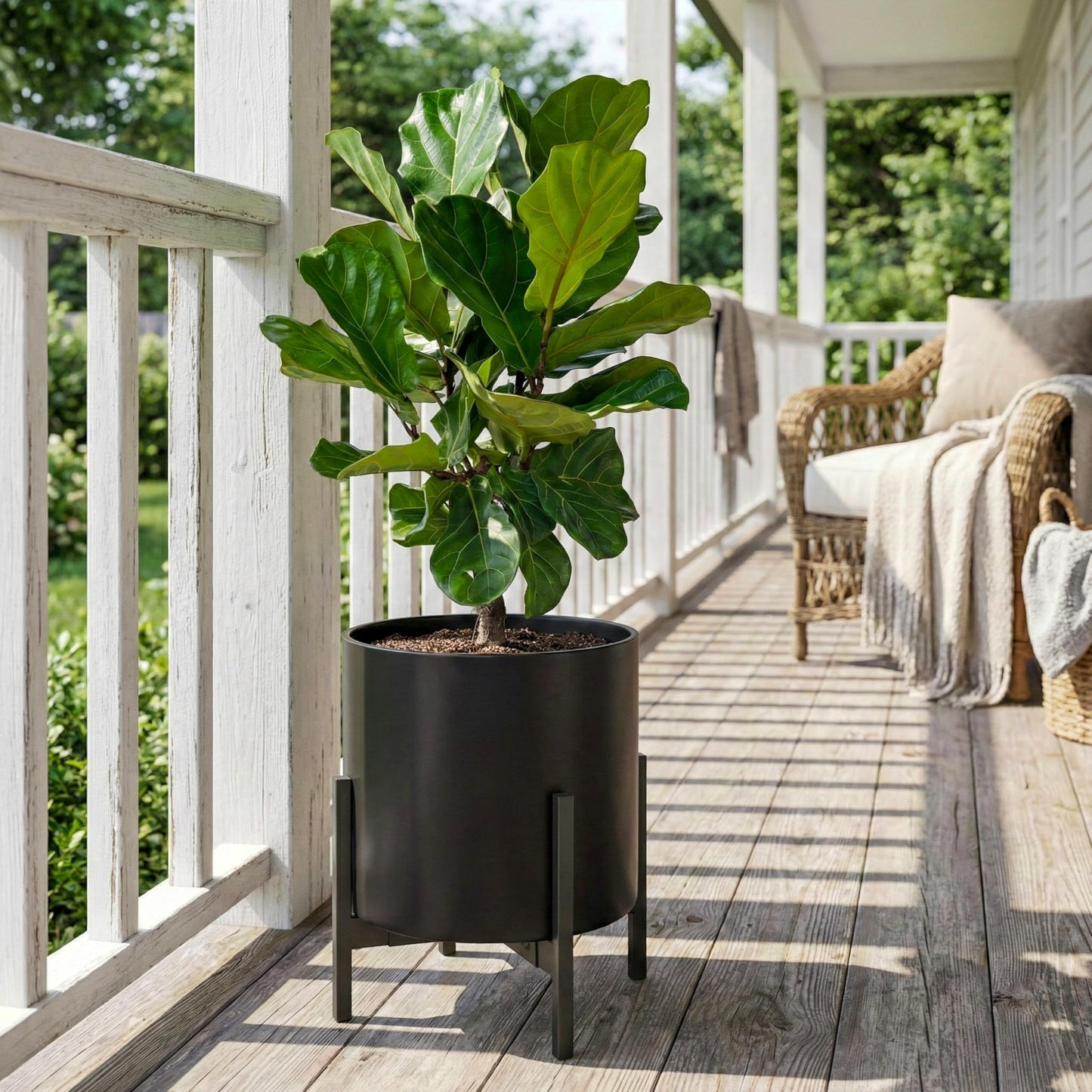 FaithLand 14 Inch Fiberstone Planter - Lightweight Modern Cylinder Plant Pot with Drainage Hole & Plug, Indoor Outdoor Use, Matte Black