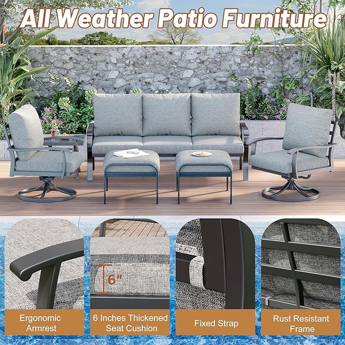 HOMREST Patio Furniture Sets 6 PCS Outdoor Metal Conversation Sets, 360 Degree