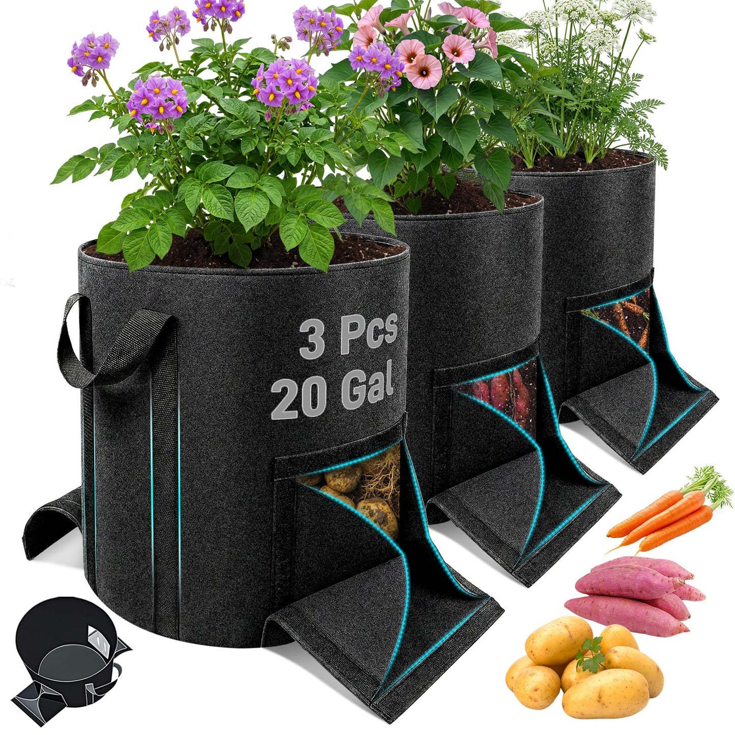 Mulctun 3Pcs 20 Gallon Potato Grow Bags, Grow Bags with Harvest & Visible Windows,Potato Bags for Growing Potatoes with Sturdy Handles,Potato Growing Containers for Growing Potatoes Vegetables