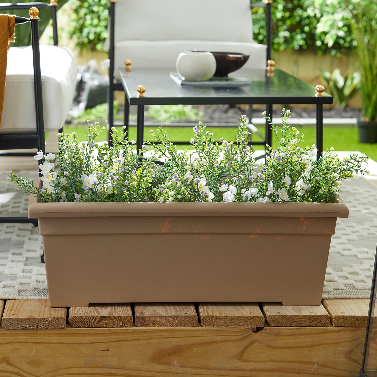 The HC Companies 28 Inch Romana Planter Box with Drainage Plug, Lightweight UV-Resistant Plastic Outdoor Planters, 1-Pack Flower Box for Garden, Patio, Balcony, and Fence, Sandstone