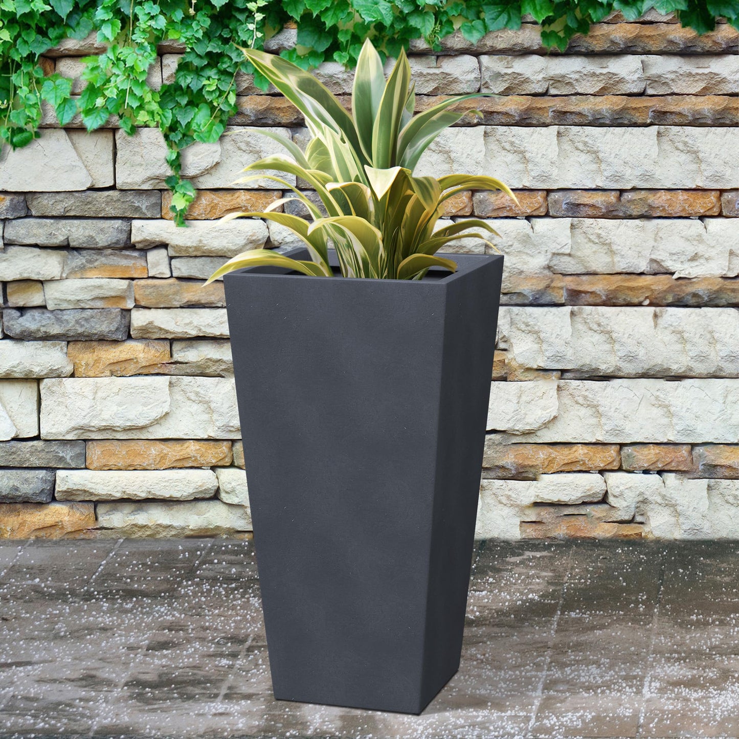 Kante 28 Inch Tall Tapered Concrete Planter, Modern Style Large Plant Pot with Drainage Hole and Rubber Plug for Patio, Backyard, Porch, Suitable for Indoor Outdoor Plants, Charcoal