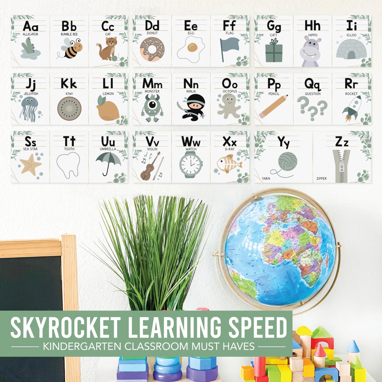 Hadley Designs Alphabet for Classroom Wall Decor - ABC Posters for Classroom Wall Chart Preschool & Kindergarten, ABC Letters & Number Line Elementary, Alphabet Cards, Greenery Classroom Decor