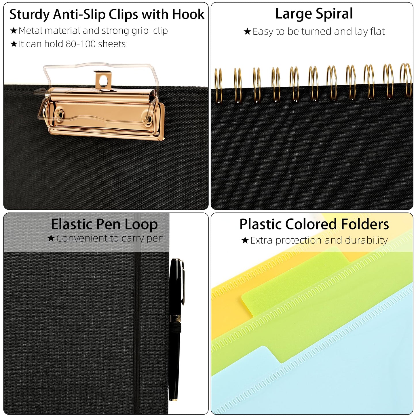 Ospelelf Black Foldable Spiral Clipboard Folio with Storage Zipper Pouch, 5 Plastic Folders with 10 Pockets,Refillable Lined Notepad (11" x 8.5"), Hardcover Project Organizer with 39 Stickers