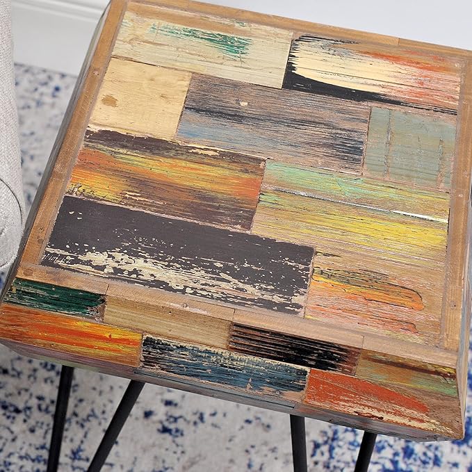 Multicolor Square Wood Drum Side Table 14" x 14" x 20" H Reclaimed Wooden