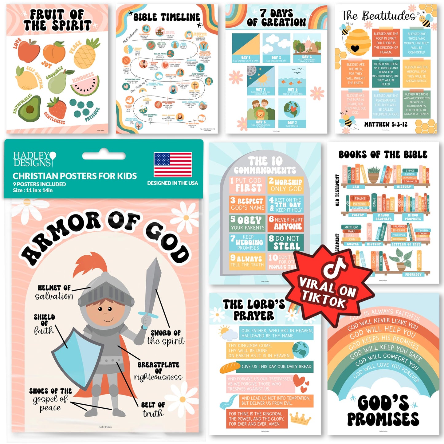 Hadley Designs Sunday School Decorations for Classroom –9 Bible Posters for Kids, Books of the Bible, 10 Commandments, Bible Timeline Chart, Fruits of the Spirit, Retro Christian Classroom Decor