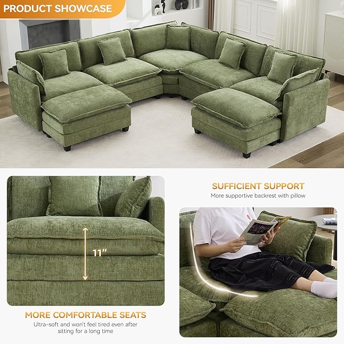 113'' V Shaped Cloud Sectional Sofa, Oversized Deep Seat Couches