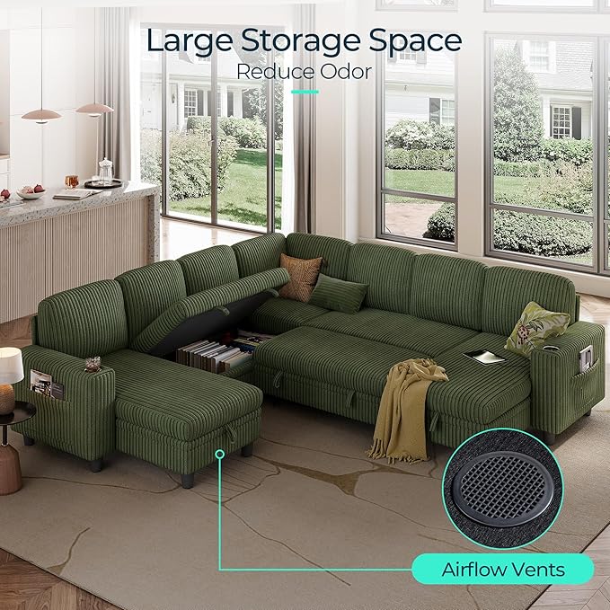 LINSY HOME Sectional Sofa with Pull Out Bed, 7 Seats Corduroy Reversible