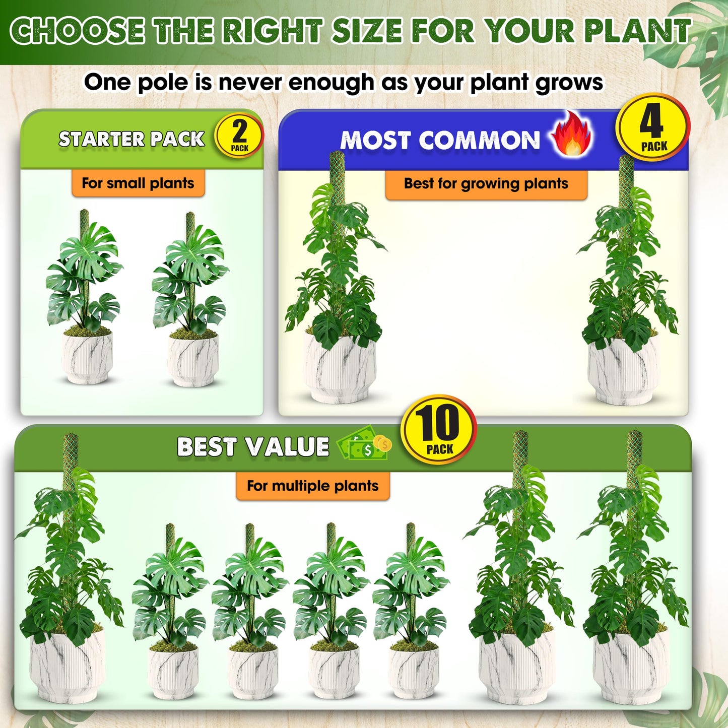 DUSPRO 2 Pack 22" Green Stackable Mesh Moss Pole for Plants – Extendable Up to 39", Natural Forest Moss Pole Monstera Plant Support, Moss Stick for Climbing Plants, Indoor Plant Stakes Accessories