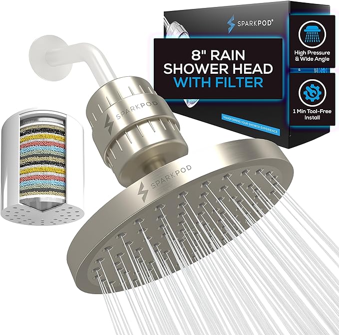 SparkPod 23-Stage Filtered Shower Head, 8" Round, Brushed Nickel | Filtered Shower Head for Hard Water Filter, High Pressure, Reduces Chlorine, Heavy Metals, For Dry Skin & Hair