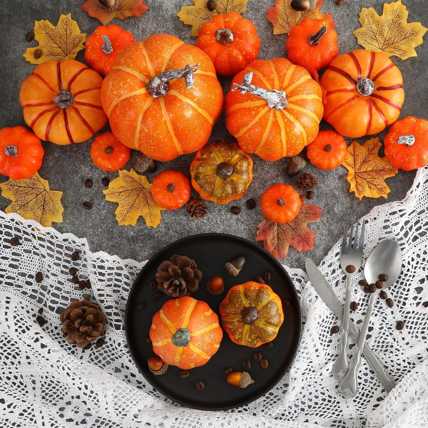 Ywlake 16 Pcs Pumpkin Fall Decorations, Decorative Large Small Outdoor Orange Foam Plastic Fake Faux Artificial Pumpkins for Halloween Autumn Harvest Festival Home Table Decor